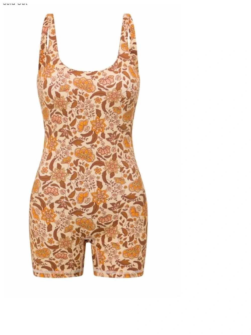 Floral Scoop-Neck One-Piece Swim Romper in Cream & Brown